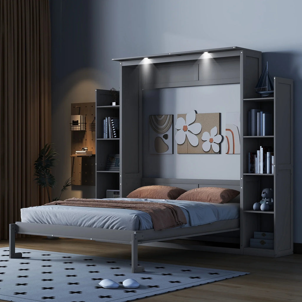 Harper & Bright Designs Full Size Murphy Bed with Shelves, Foldable Wall Bedframe w/Flexible Slats Support, Space-Saving Design, Can Be Folded Into Cabinet, White