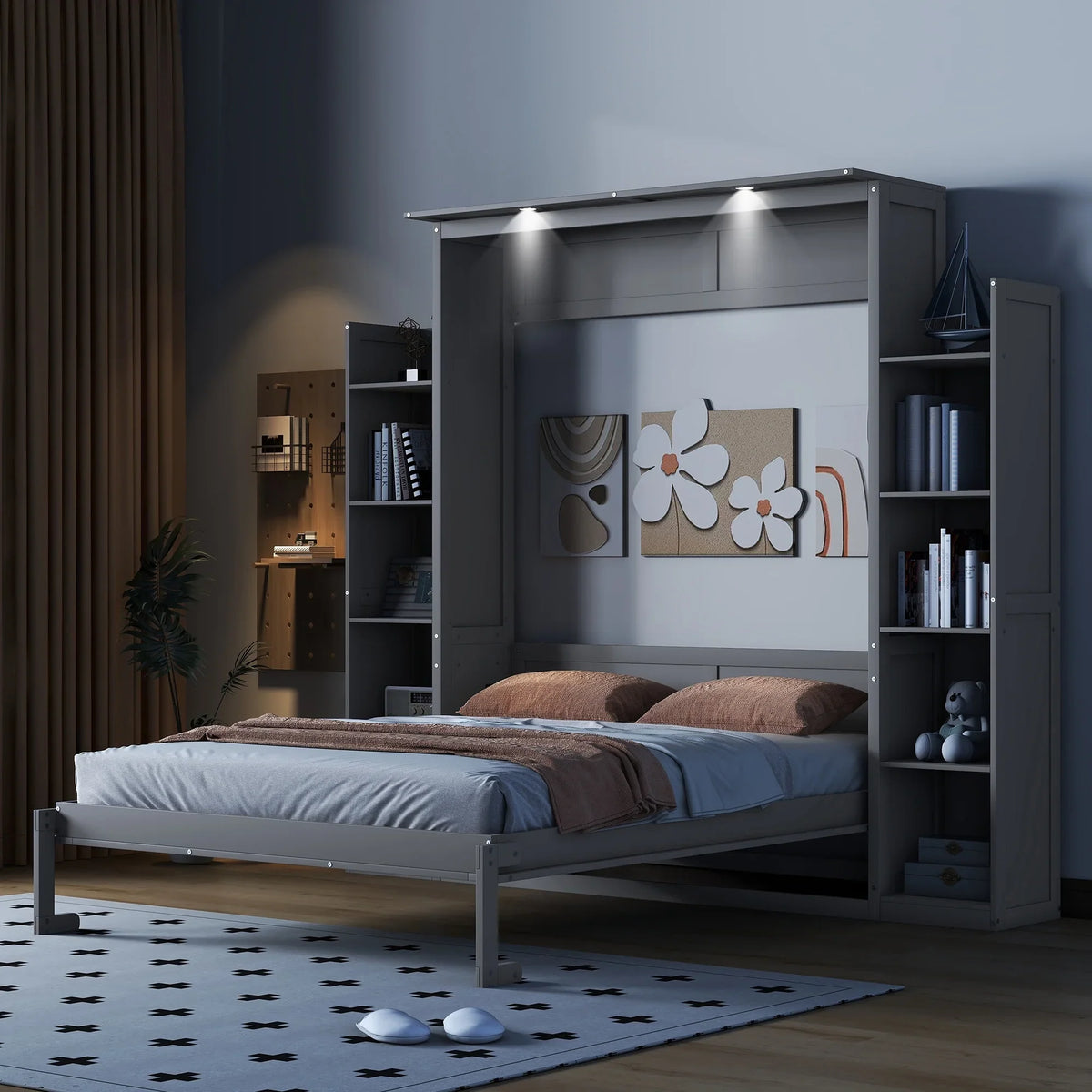 Harper & Bright Designs Full Size Murphy Bed with Shelves, Foldable Wall Bedframe w/Flexible Slats Support, Space-Saving Design, Can Be Folded Into Cabinet, White