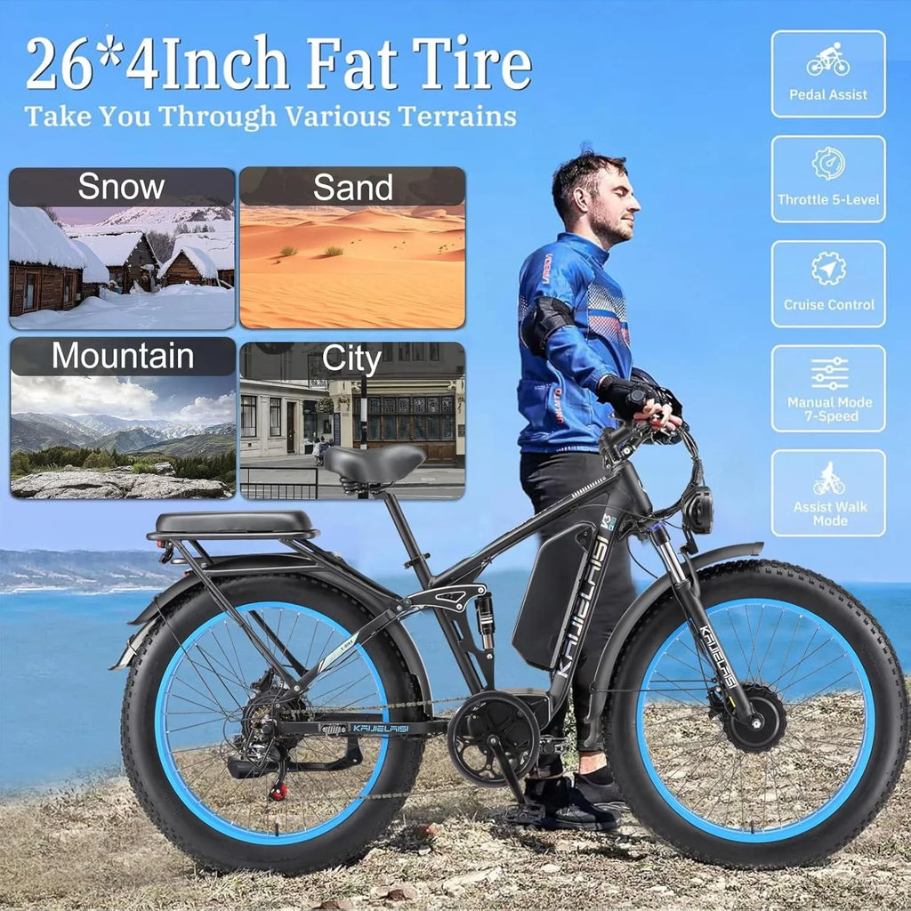 KAIJIELAISI Electric Bike for Adults,AWD Ebikes Dual Motor Peak 6000W, 26'' Fat Tire bikes with 52V 26AH Battery Hydraulic Brake. Electric Bicycle, 7 Speed Mountain EBike UL 2849.
