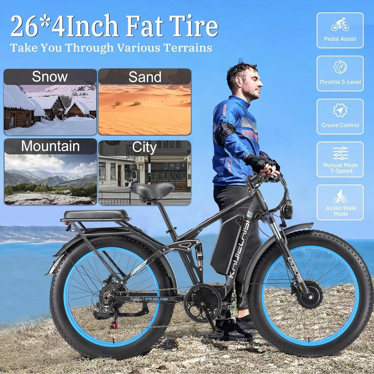 KAIJIELAISI Electric Bike for Adults,AWD Ebikes Dual Motor Peak 6000W, 26'' Fat Tire bikes with 52V 26AH Battery Hydraulic Brake. Electric Bicycle, 7 Speed Mountain EBike UL 2849.
