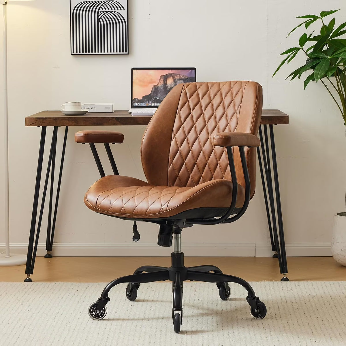 QW Home Office Desk Chair Office Rubber Casters Ergonomic Computer Chair with Lumbar Support Adjustable Height Rolling Swivel Executive Task Armrests Chair. Brown Leather