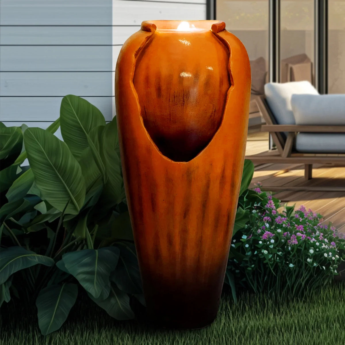 ourrco 30.7"H Concrete Vase Water Fountain, Modern Cascading Waterfall Feature with LED Lighting and Pump, Perfect for Indoor or Outdoor Home and Garden Decor, Red
