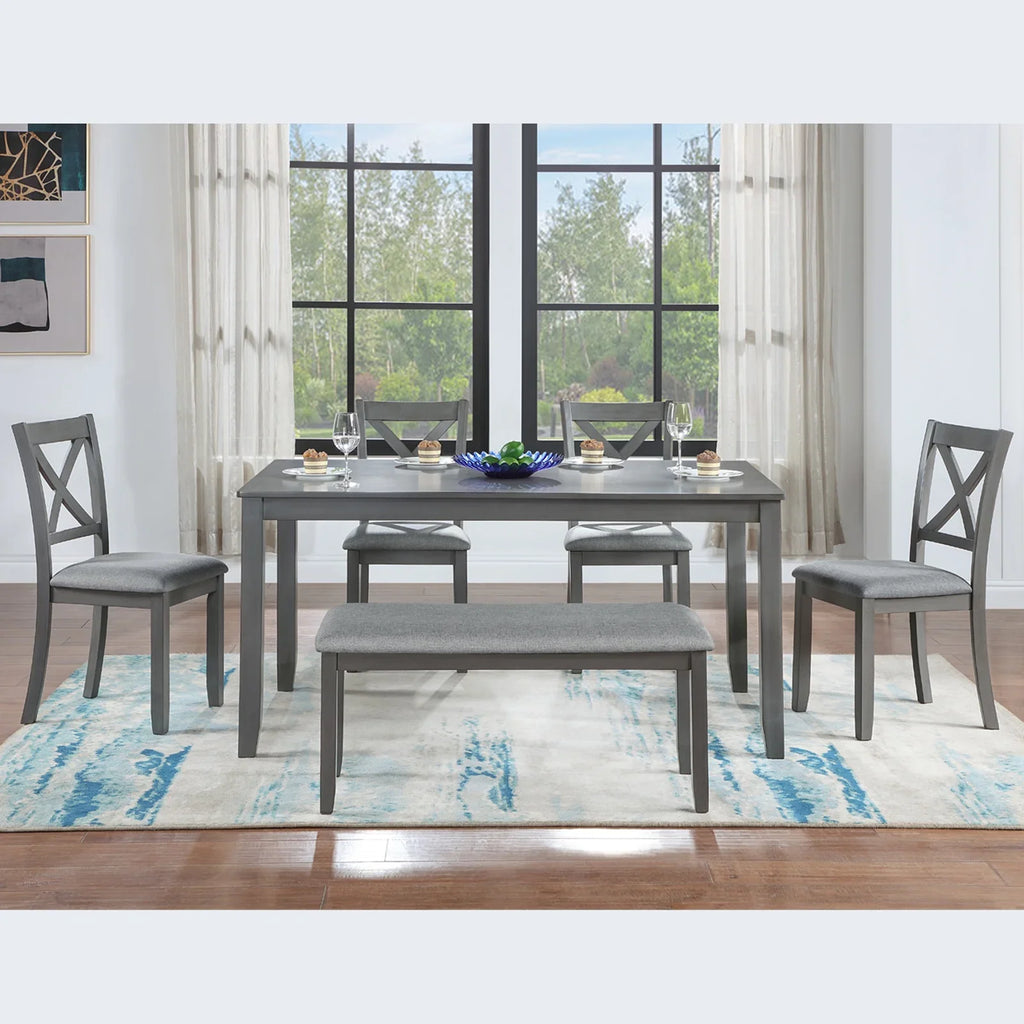 Dining Room Set, LEGAHOME 6 Piece Dining Sets with Bench and Chairs, Solid Wood Kitchen Dining Table Set for 6 with Upholstered Chairs, Gray