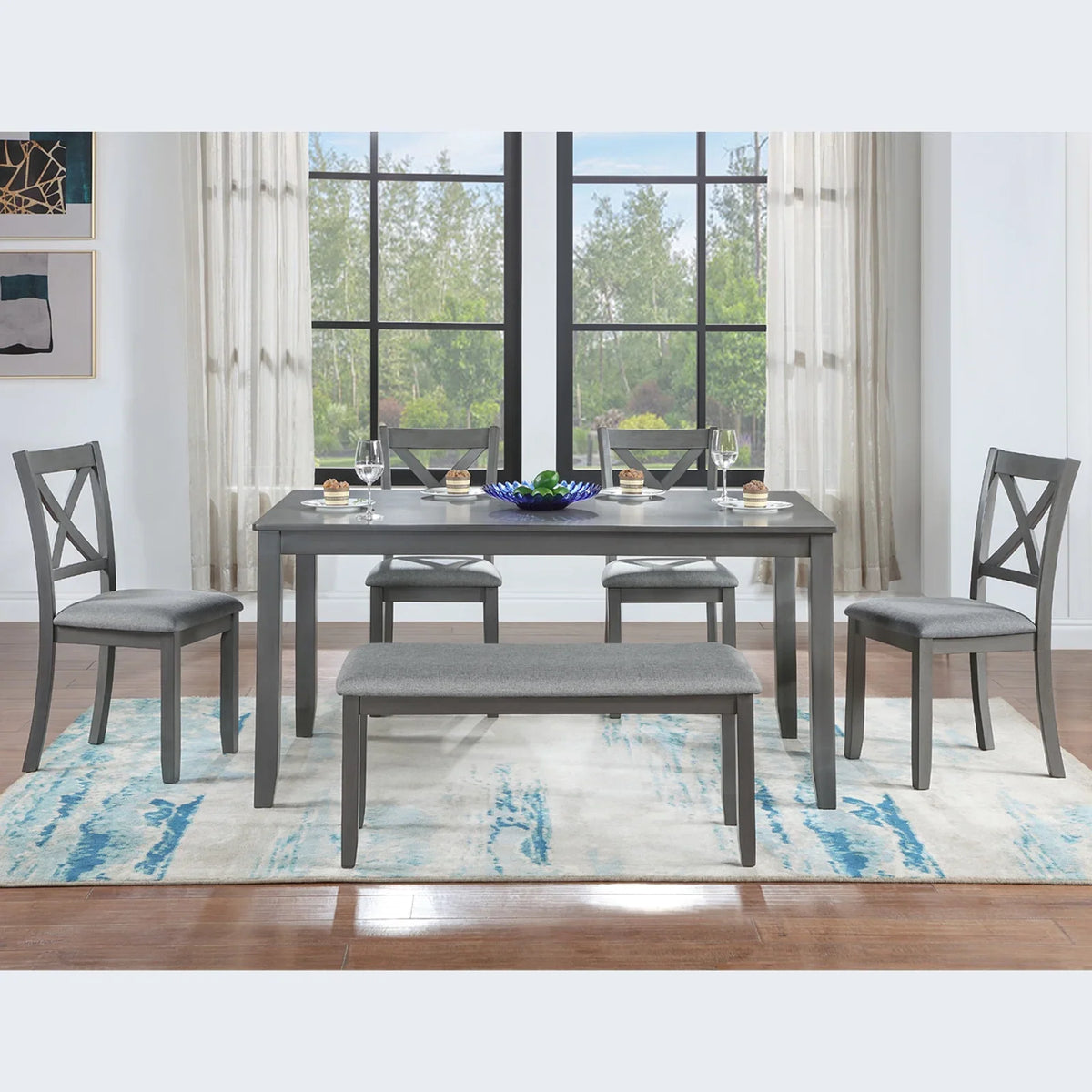 Dining Room Set, LEGAHOME 6 Piece Dining Sets with Bench and Chairs, Solid Wood Kitchen Dining Table Set for 6 with Upholstered Chairs, Gray