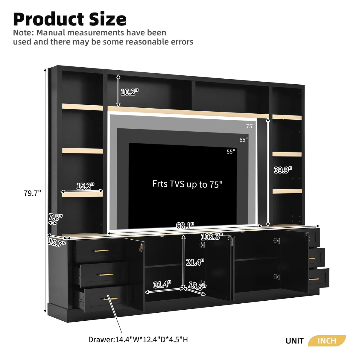 Euroco 102.3"W Farmhouse 4-Piece Entertainment Center Wall Unit with Adjustable Shelf, Modern Large TV Stand with Bookshelves