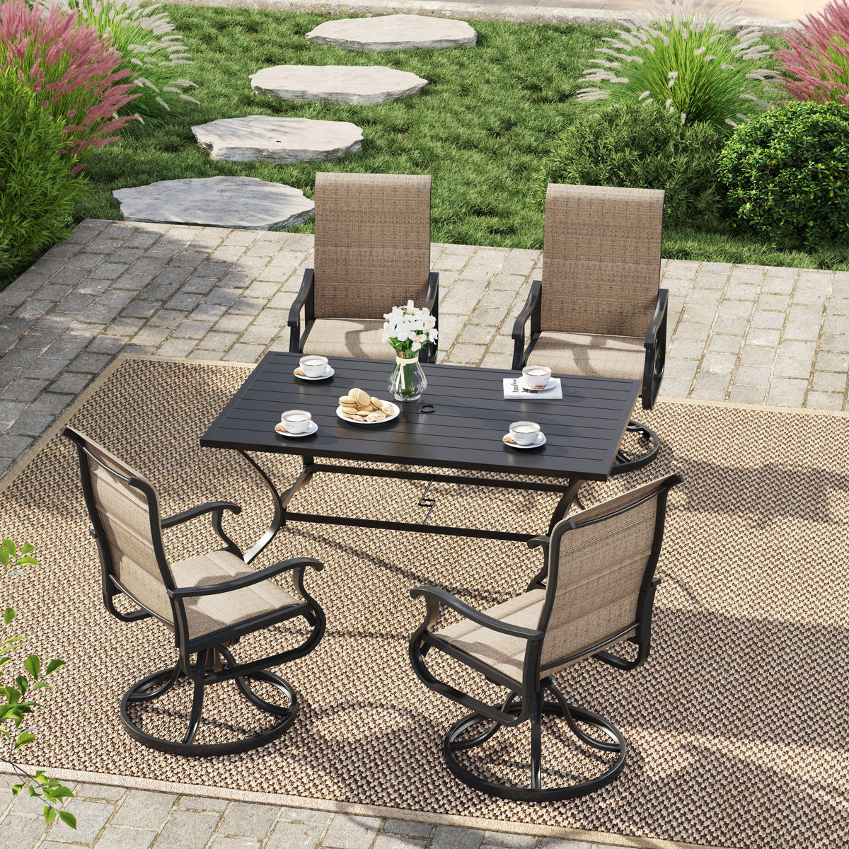 Techmilly Patio Swivel Chairs Set of 2, Outdoor Dining Chairs High Back Padded All Weather Breathable Textilene Outdoor Swivel Chairs with Metal Rocking Frame for Lawn Garden Backyard Deck, Dark Grey