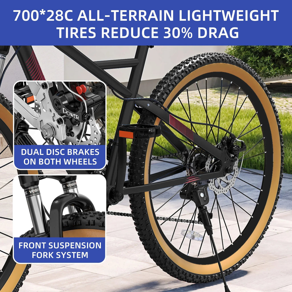 ModFusion 26-Inch Aluminum Alloy Mountain Bike, 21-Speed, Disc Brakes, Black with Brown Tires, 85% Assembled