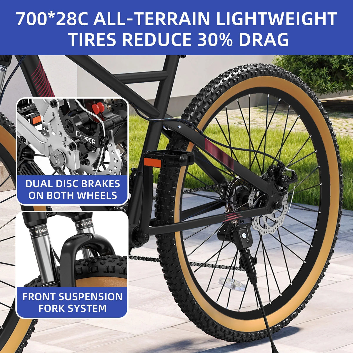 ModFusion 26-Inch Aluminum Alloy Mountain Bike, 21-Speed, Disc Brakes, Black with Brown Tires, 85% Assembled