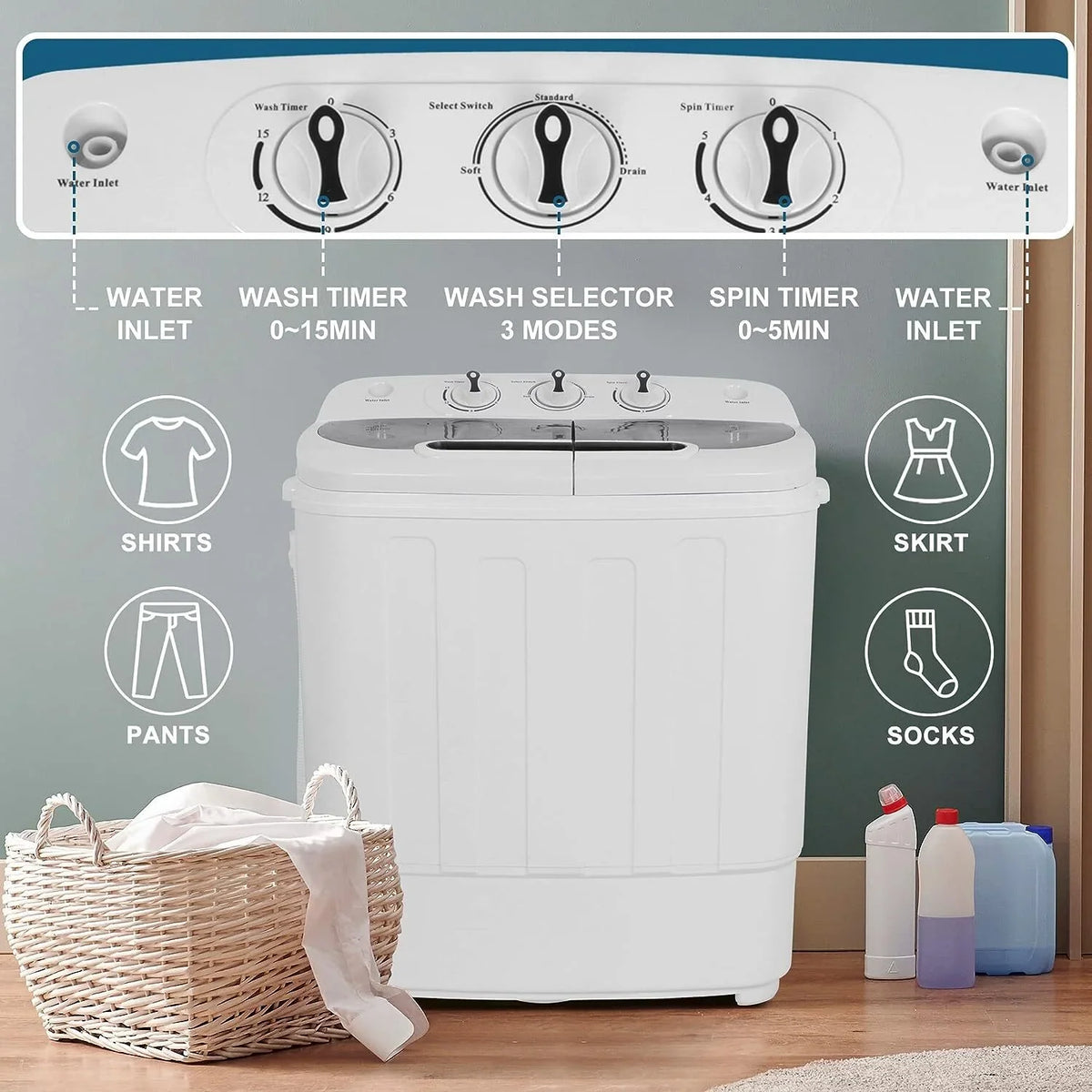 Compact Mini Twin Tub Washing Machine Portable 13lbs Laundry Washer and Dryer
