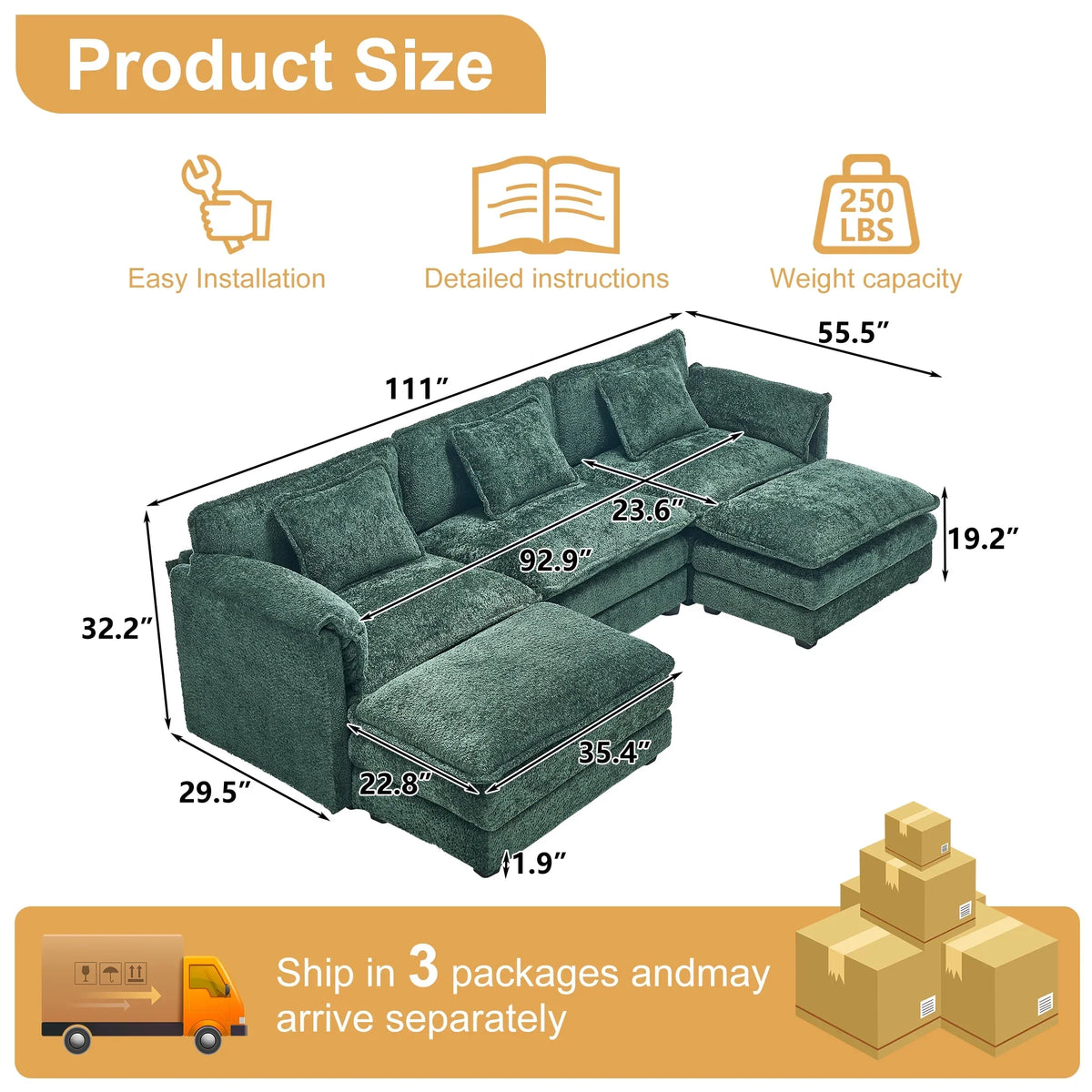 GNIXUU 112" Oversized Sectional Sofa Cloud Couch for Living Room, Modern Chenille L Shaped Couch, Comfy Boucle Modular Sofa Sleeper with Moveable Ottoman & Memory Foam (Green)