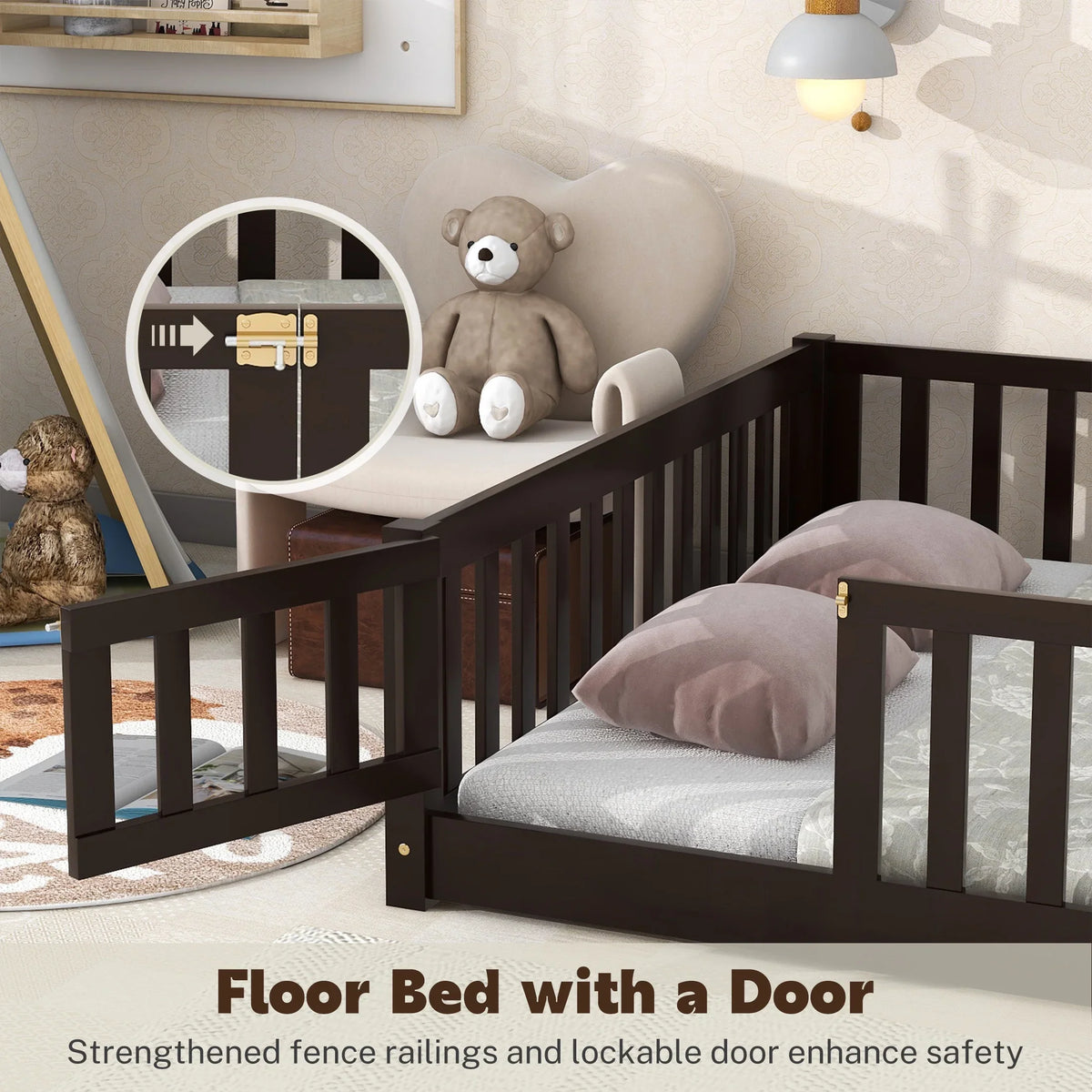 PAPROOS Twin Size Floor Bed, Solid Wood Toddler Bed with Slat, Fence Guardrail and Door, No Box Spring Needed, Montessori Bed, Twin Bed for Kids, Boys, Girls, Gray