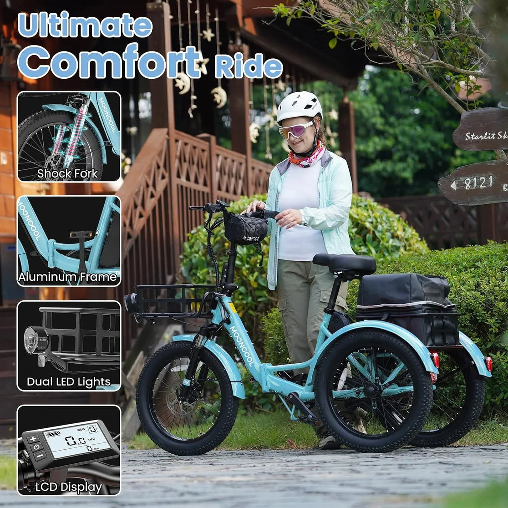MOONCOOL TK1 Folding Electric Tricycle for Adults,48V 14.5Ah Removable battery, 500W"Peak 1000w"Motor, 20" Fat Tire Step-Thru 3Wheel Electric Bicycle w/Front&Rear Baskets, Certified to UL 2849 by SGS