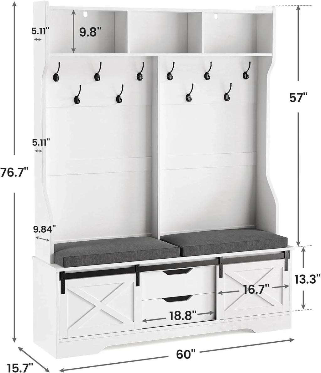 Hall Tree with Bench and Shoe Storage, Entryway Bench with Coat Rack, Modern Farm House Barn Door 3-in-1 Hall Tree with Storage Cushioned Bench Stool and Hooks for Hallway, Living Room (60IN)
