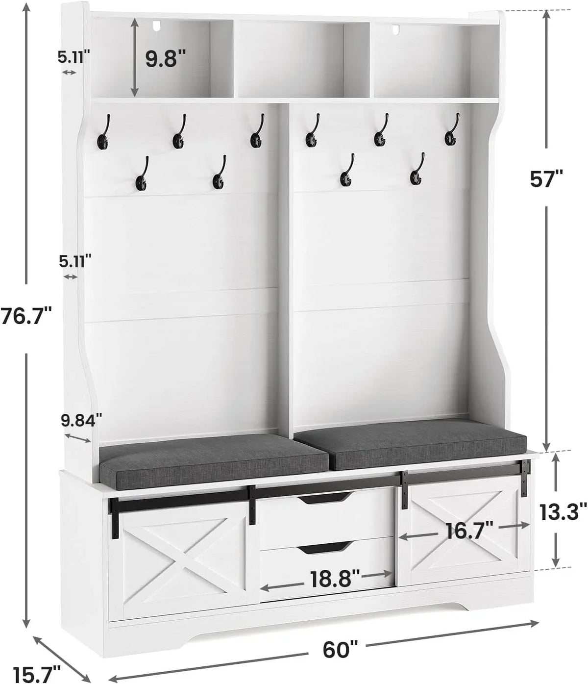 Hall Tree with Bench and Shoe Storage, Entryway Bench with Coat Rack, Modern Farm House Barn Door 3-in-1 Hall Tree with Storage Cushioned Bench Stool and Hooks for Hallway, Living Room (60IN)