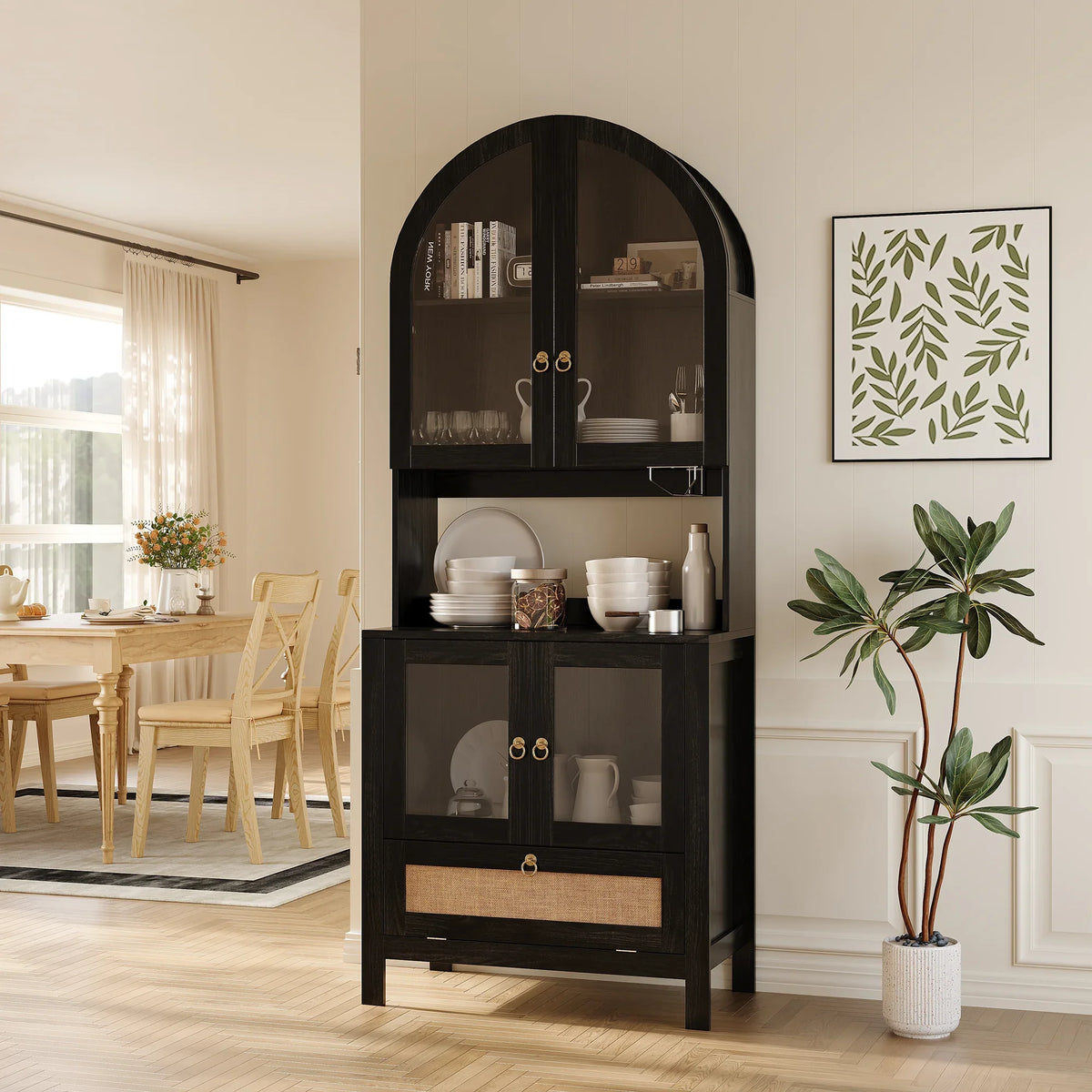 LAZZO 73-Inch Tall Arched Kitchen Pantry Storage Cabinet, 2 Doors, Brown