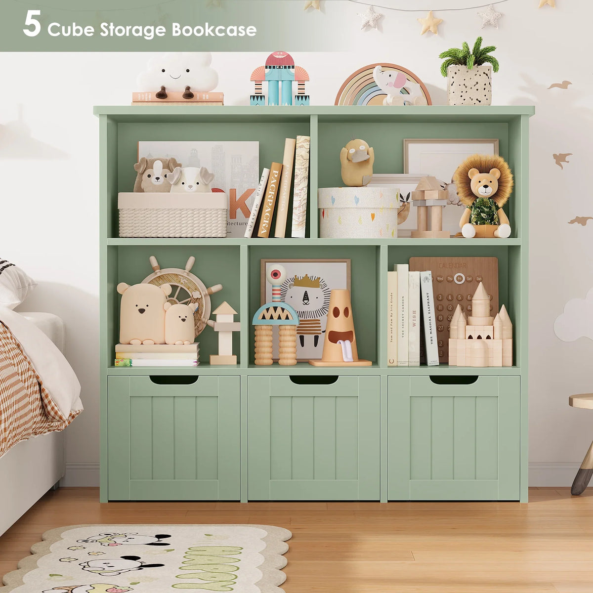 Homfa Toy Storage Organizer with 3 Movable Drawers, 5 Cube Kids Bookcase for Playroom, Storage Cabinet for Living Room, White Finish