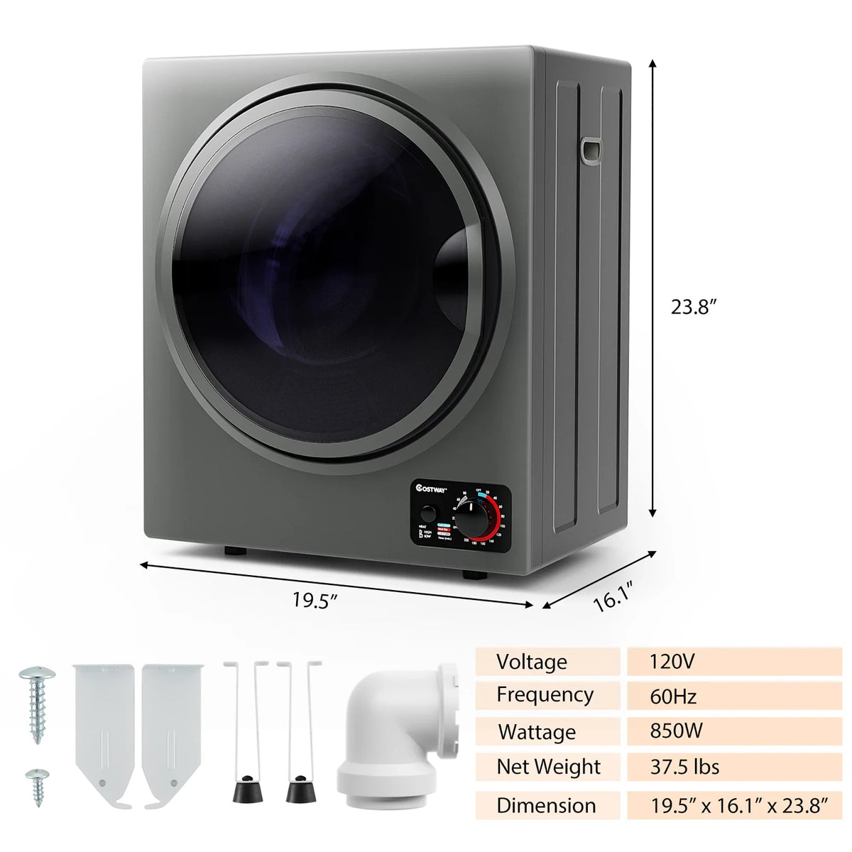 Costway Electric Tumble Compact Laundry Dryer Stainless Steel Wall Mounted 1.5 cu.ft.