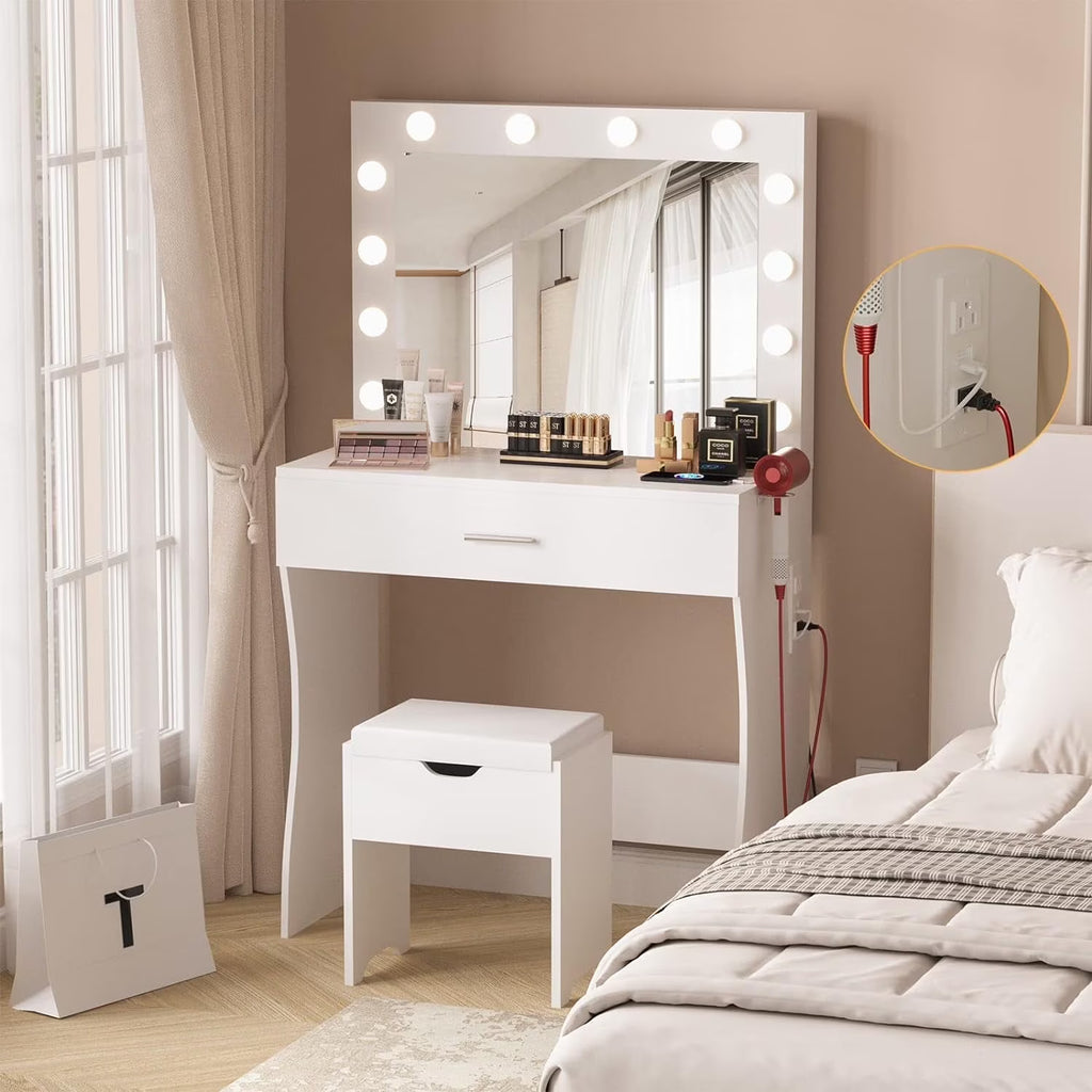 Vanity Table Set with Lighted Mirror,Makeup Vanity with Lights, Large Drawer Sturdy Wood Vanity, White
