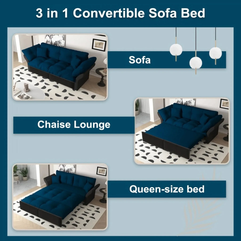 66" Queen Pull Out Sofa Bed, 3-in-1 Convertible Sleeper Sofa with Side Storage,Multi-Functional Velvet Loveseat Bed for Living Room,Bedroom