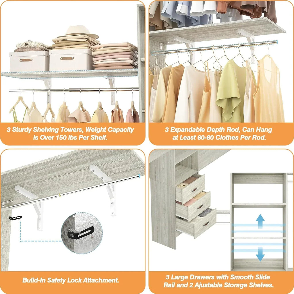 Homieasy 96 Inches Closet System, 8FT Walk In Closet Organizer with 3 Shelving Towers, Heavy Duty Clothes Rack with 3 Drawers, Built-In Garment Rack, 96" L x 16" W x 75" H, White