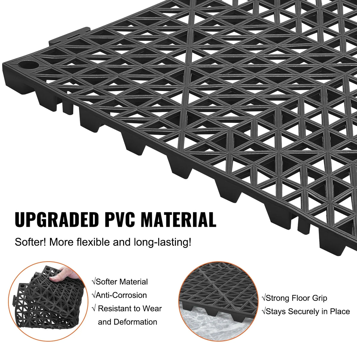 VEVOR Interlocking Tile 50PCS Black, Drainage Tiles 12" x 12" Splicing, Soft PVC Interlocking Drainage Floor Tiles, Non-Slip Drainage Holes for Restroom, Bathroom, Kitchen, Pool, Wet Areas
