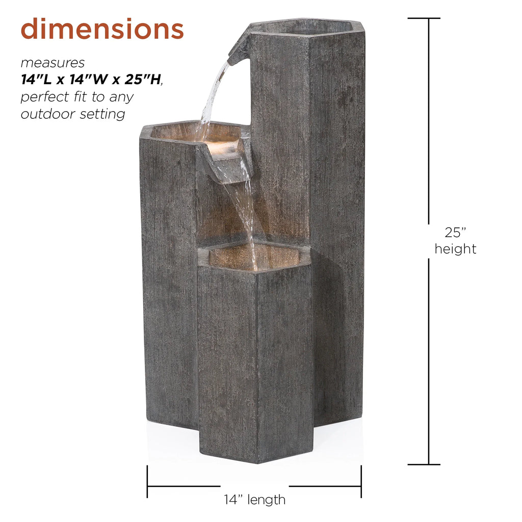 Alpine Corporation 25" Tall Modern 3-Tier Fountain for Indoor / Outdoor Yard Decor with LED Light