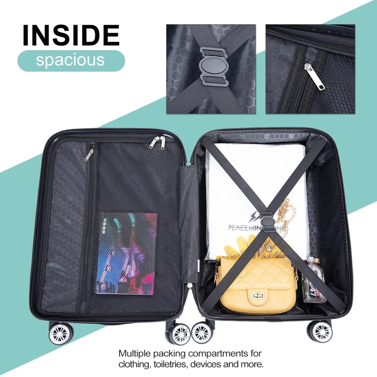 Tripcomp Luggage Sets 4 Piece Suitcase Set (14/20/24/28)Hardside Suitcase with Spinner Wheels Lightweight Carry on Luggage(Black)