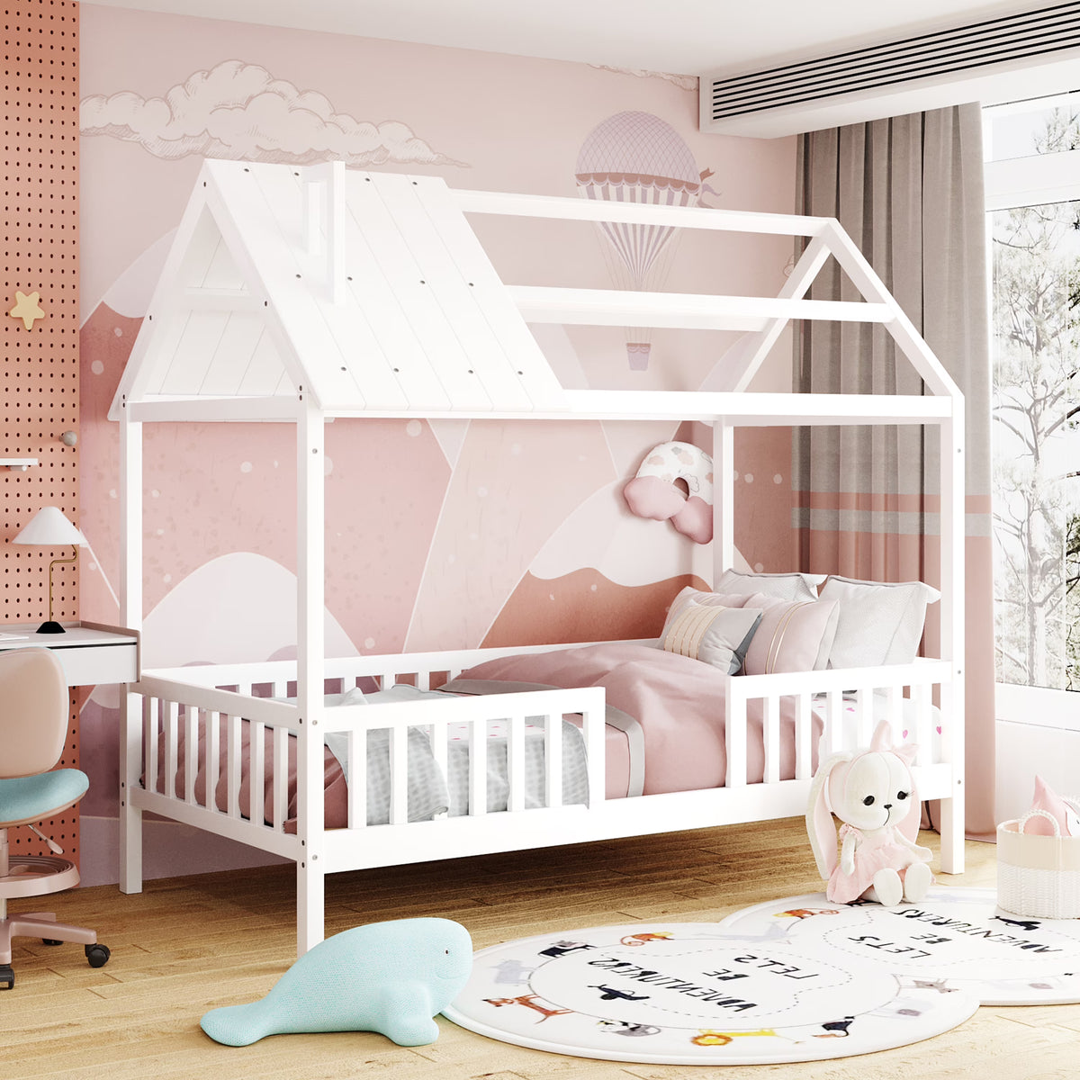 Euroco Twin Size Platform Bed, House Bed with Fence for Kids, Gray