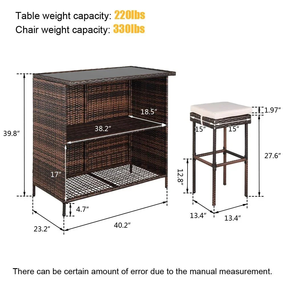 Ktaxon 3PCS Wicker Bar Set Patio Outdoor Table & 2 Stools Furniture Steel, Outdoor Bistro Set w/ Wicker Bar Stools