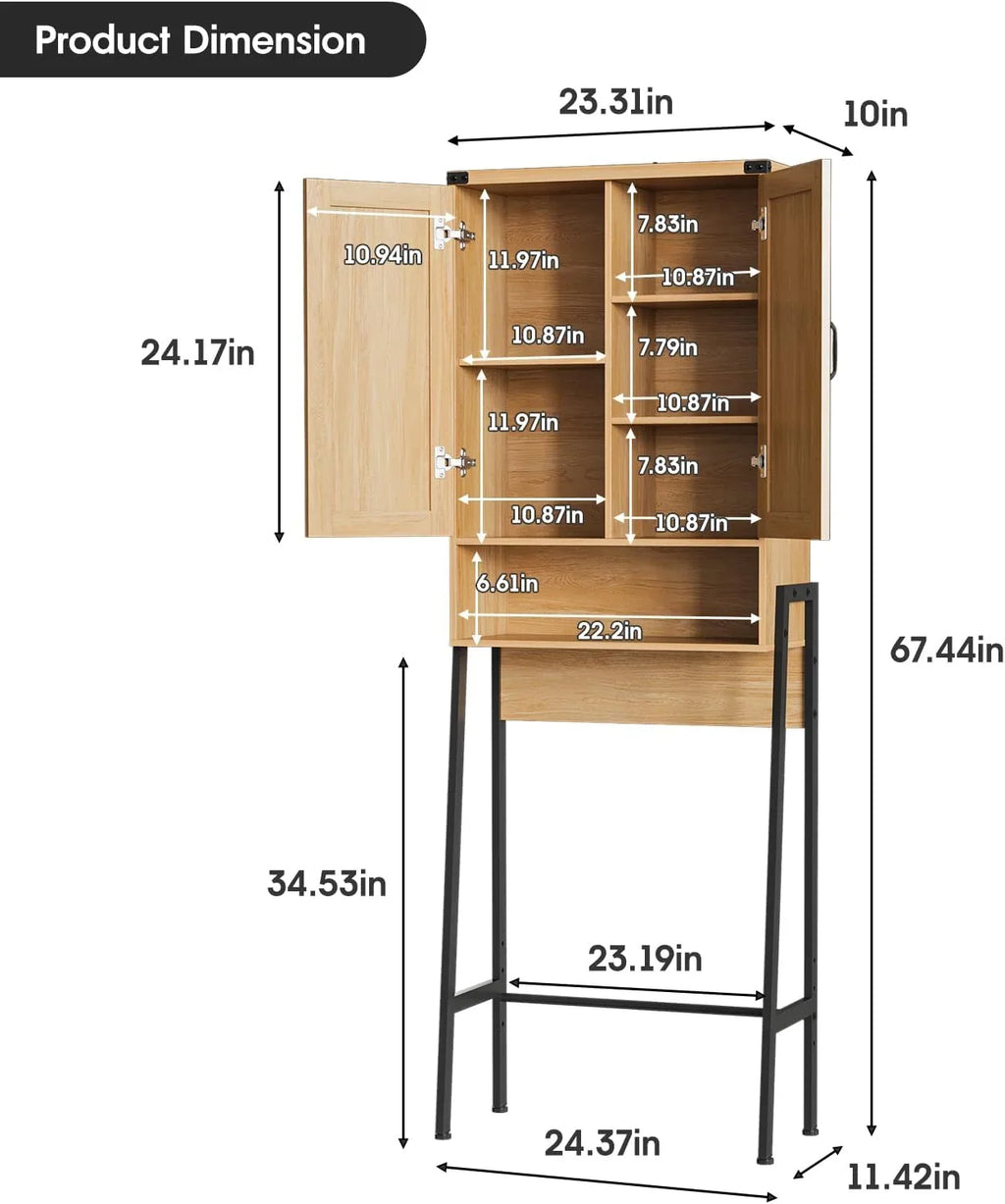 Vabches Over The Toilet Storage Cabinet, 68" H Farmhouse Freestanding Bathroom Storage Organizer with Double Doors & Storage Shelves