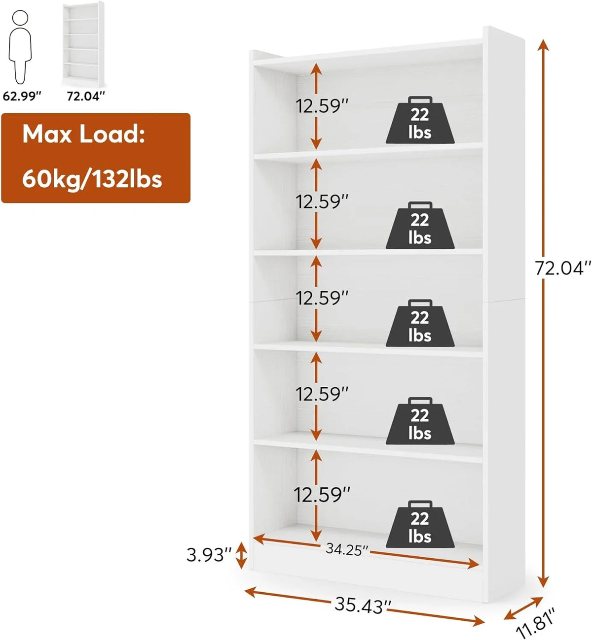 LL 72-inch Tall Bookcase, Modern 6-Tier White Library Bookshelf with Storage Shelves, Large Open Bookcases Wood Display Shelving Unit for Bedroom Living Room Office