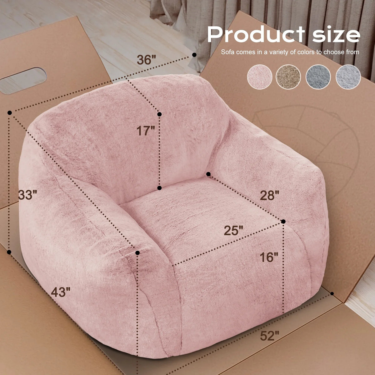 HOMGUAVA Giant Bean Bag Chair for Adults & Kids, Oversized Lounger Couch Large Lazy Chair w/ Stuffed Memory Foam & Wide Armrests, Light Gray