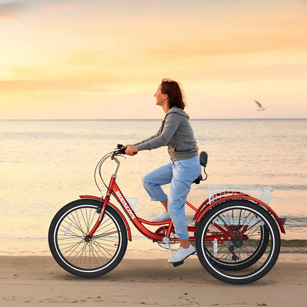 MOONCOOL Adult Tricycles with Rear Basket & Inflator, 24 26 inch 7 Speed 3 Wheel Bikes, Three-Wheeled Bicycles Adult Trike with Backrest for Seniors, Women, Men