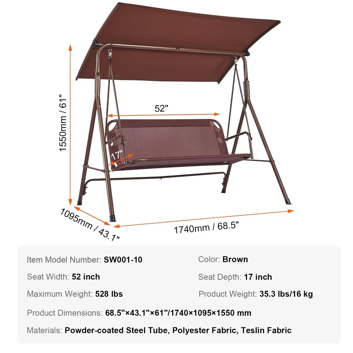 KFFKFF Alloy Steel Chair Porch Swing, Brown
