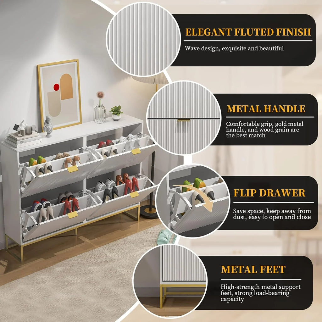 Oubayajia Modern Shoe Storage Cabinet, Wood Shoe Rack Organizer with 2 Flip Drawers, Freestanding Narrow Shoe Cabinet for Entryway Hallway, Natural