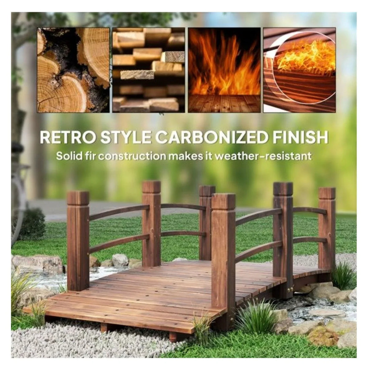 Wooden Garden Bridge Arc Footbridge 5ft - Stained Fir Wood Outdoor Decorative Bridge - Landscape Pathway Bridge with Rails - Garden Pond Bridge