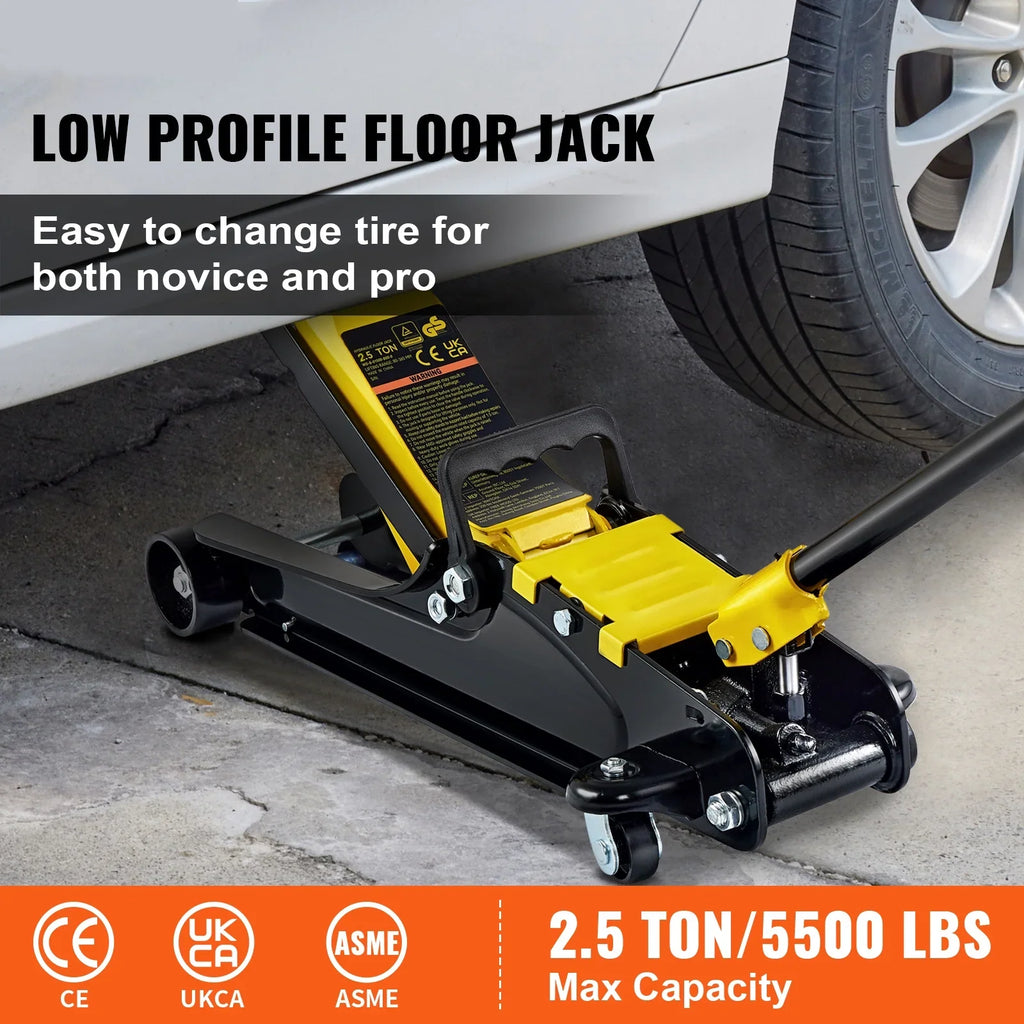 KFFKFF Low Profile Floor Jack,2.5 Ton(5500 lbs) Slim Profile, Durable Steel Racing Lift with Single Piston Pump, Range 3.35"-14.96""Black+Yellow