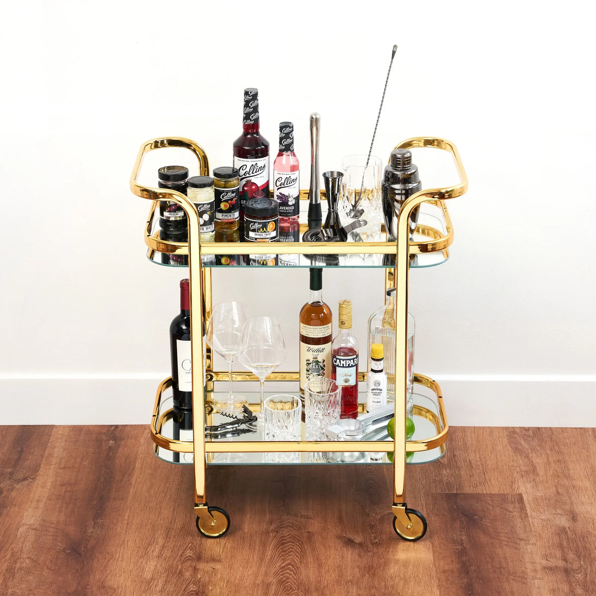 Viski Stainless Steel Bar Cart with Wheels, Mirror Shelves, Home Bar, Gold