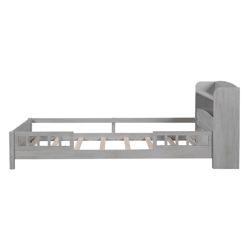 Euroco Wood Twin Size Platform Bed with Storage Headboard, Shelves and LED Light for Kids, Gray