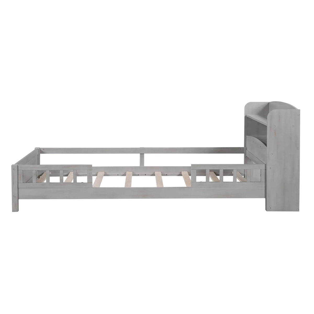 Euroco Wood Twin Size Platform Bed with Storage Headboard, Shelves and LED Light for Kids, Gray