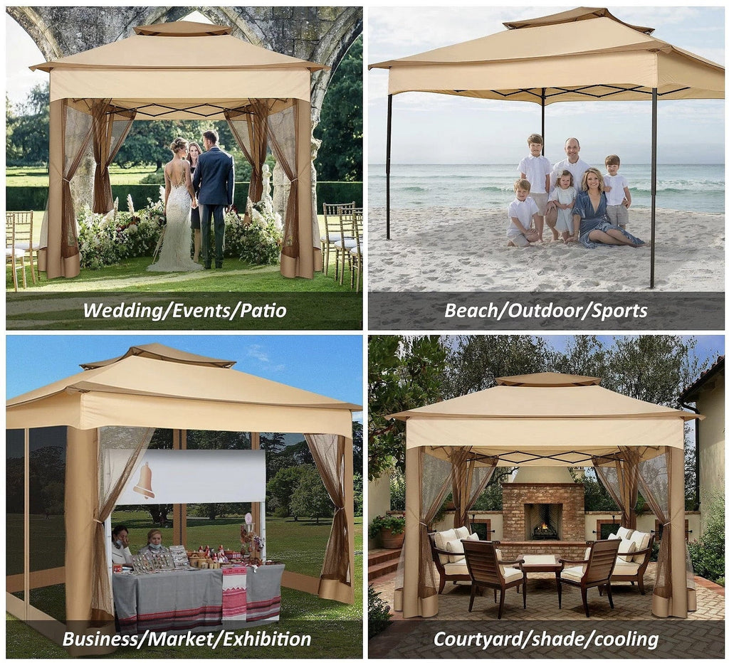 HOTEEL 12x12 Outdoor Pop-up Gazebo Canopy with Mosquito Netting 2-Tiered Vented Top 3 Adjustable Height for Backyard, Garden, Lawn,Light Grey