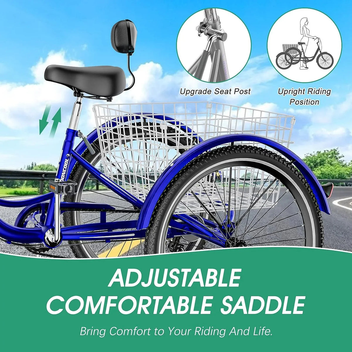 MOONCOOL Adult Tricycles with Rear Basket & Inflator, 24 26 inch 7 Speed 3 Wheel Bikes, Three-Wheeled Bicycles Adult Trike with Backrest for Seniors, Women, Men
