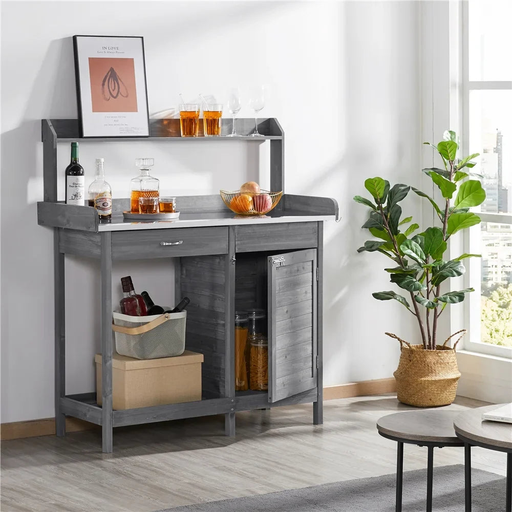 Renwick Outdoor Garden Potting Bench W/Cabinet Drawer Open Shelf, Gray
