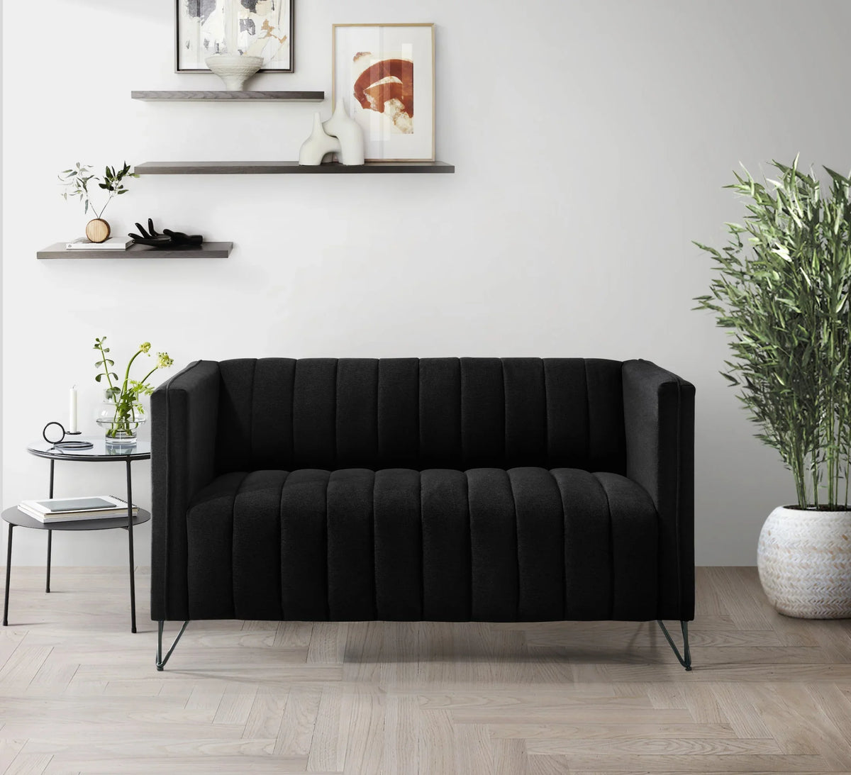 Home Design Kurtis Square Arm Loveseat with Tufted Velvet Upholstery and Gold Metal Legs, Flared Arms, Modern Living Room Seating, Black
