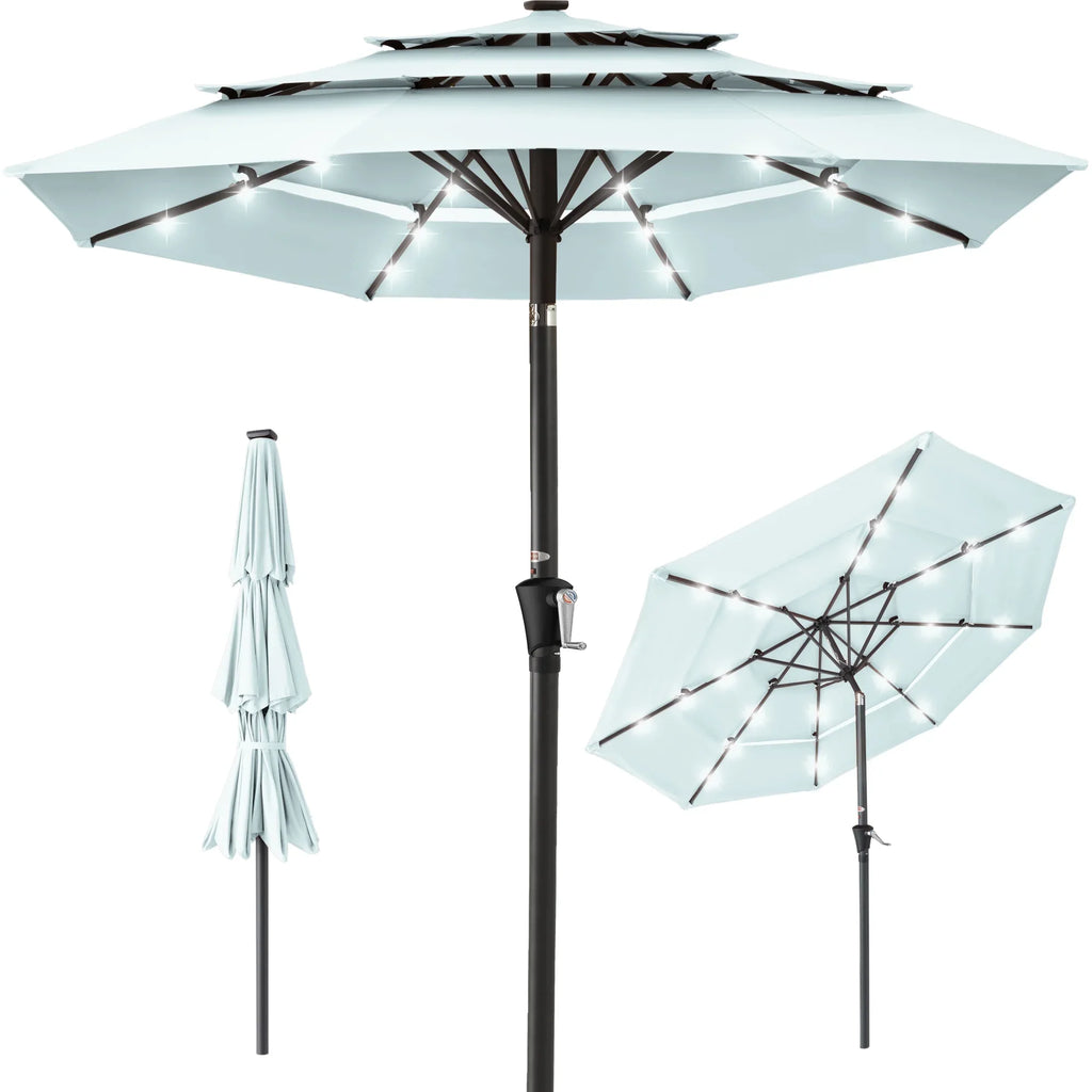 Best Choice Products 10ft 3-Tier Solar Patio Umbrella w/ 24 LED Lights, Tilt Adjustment, Easy Crank - Tan