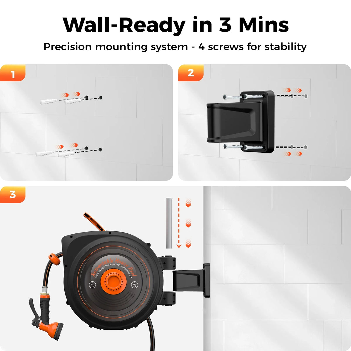 Retractable Garden Hose Reel 1/2 in x 100 ft, Auto-Rewind & Any Length Lock, 180" Swivel Heavy Duty Hose Reel Wall Mount for Outside, 10 Spray Patterns, UV-Resistant
