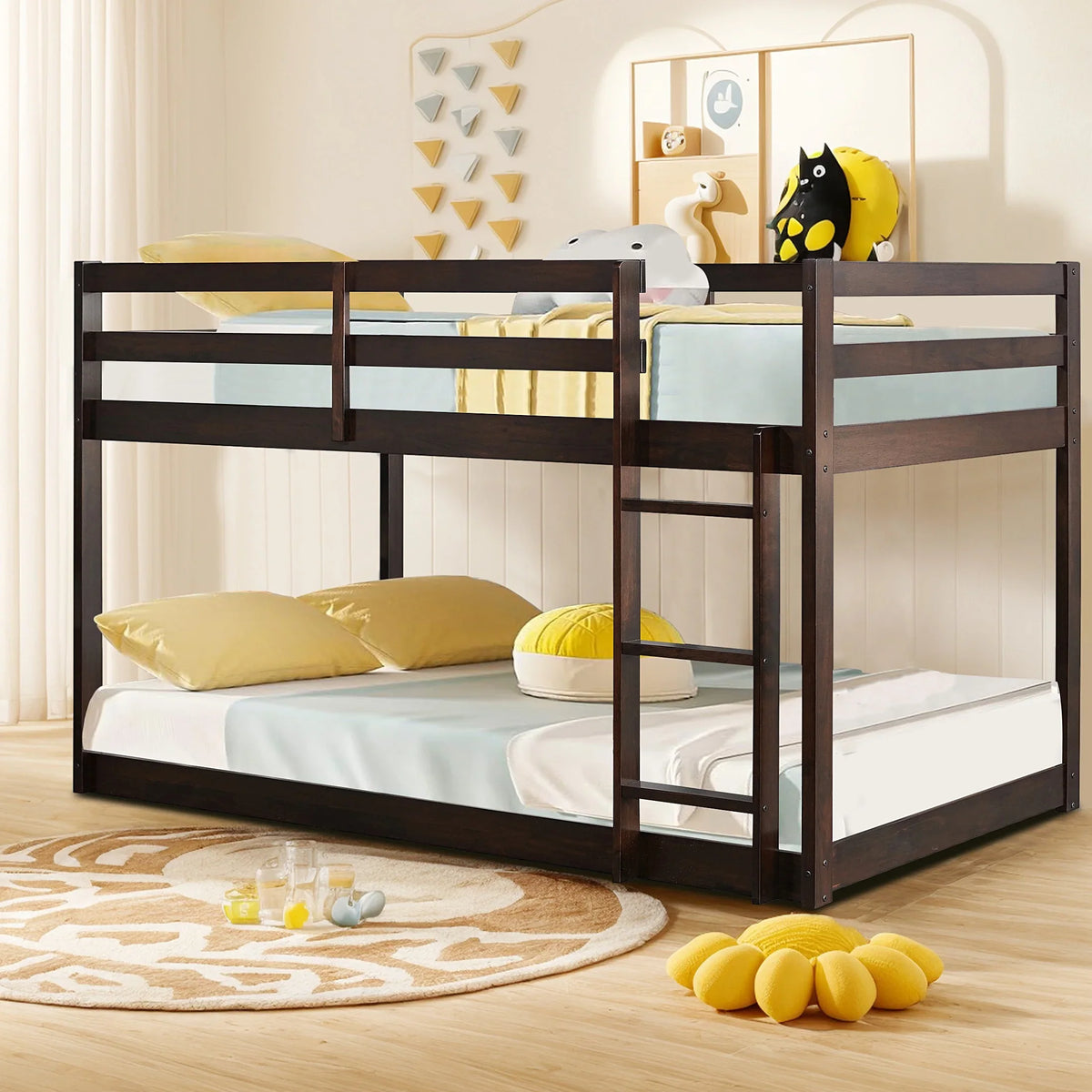 Twin Over Twin Floor Bunk Bed, UHOMEPRO Solid Wood Low Bunk Bed with Safety Rail, Ladder, Heavy Duty Bunk Beds, Space-Saving Bedroom Dorm Furniture, Gray