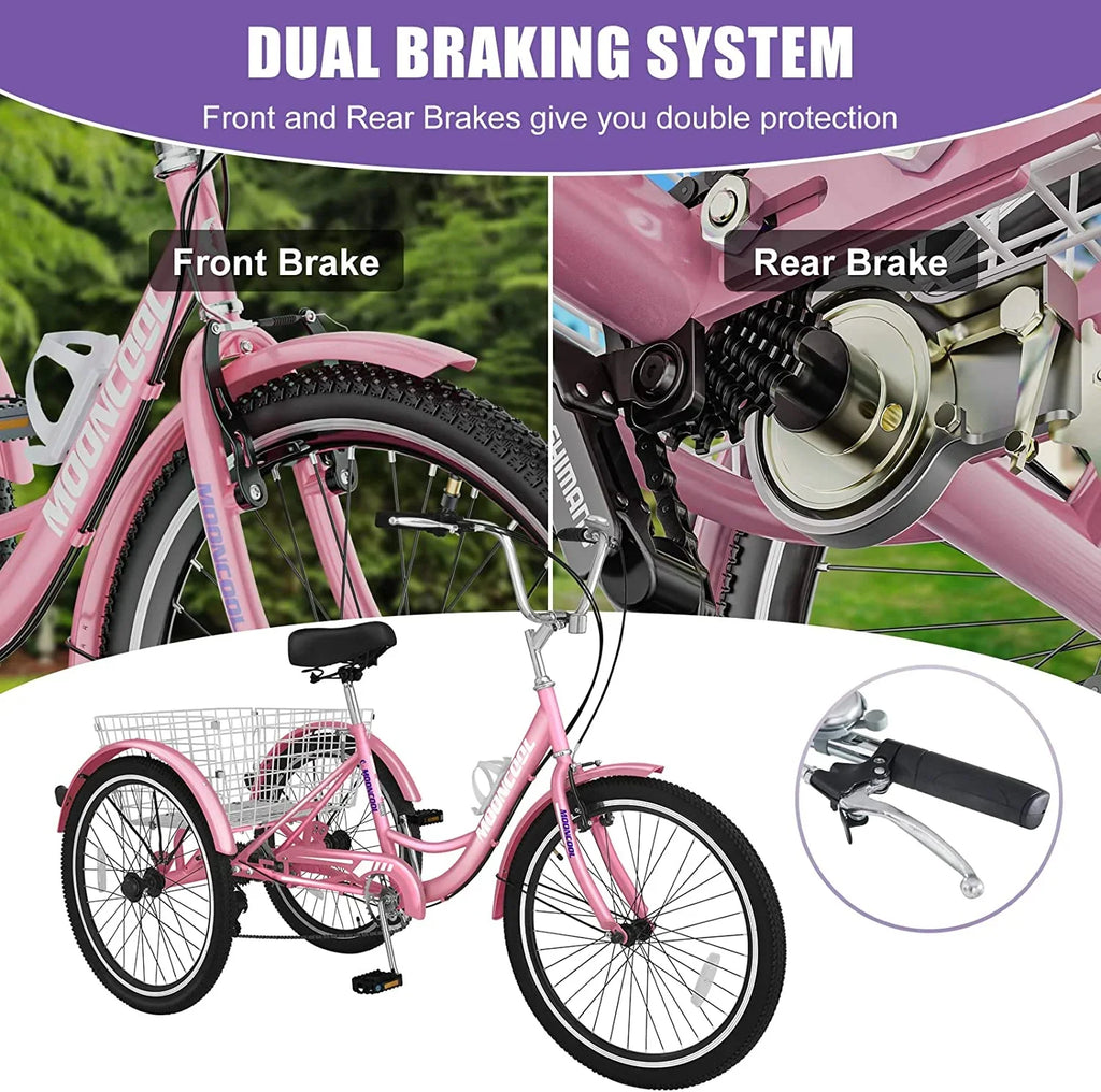 MOONCOOL Adult Tricycles with Rear Basket & Inflator, 24 26 inch 7 Speed 3 Wheel Bikes, Three-Wheeled Bicycles Adult Trike with Backrest for Seniors, Women, Men