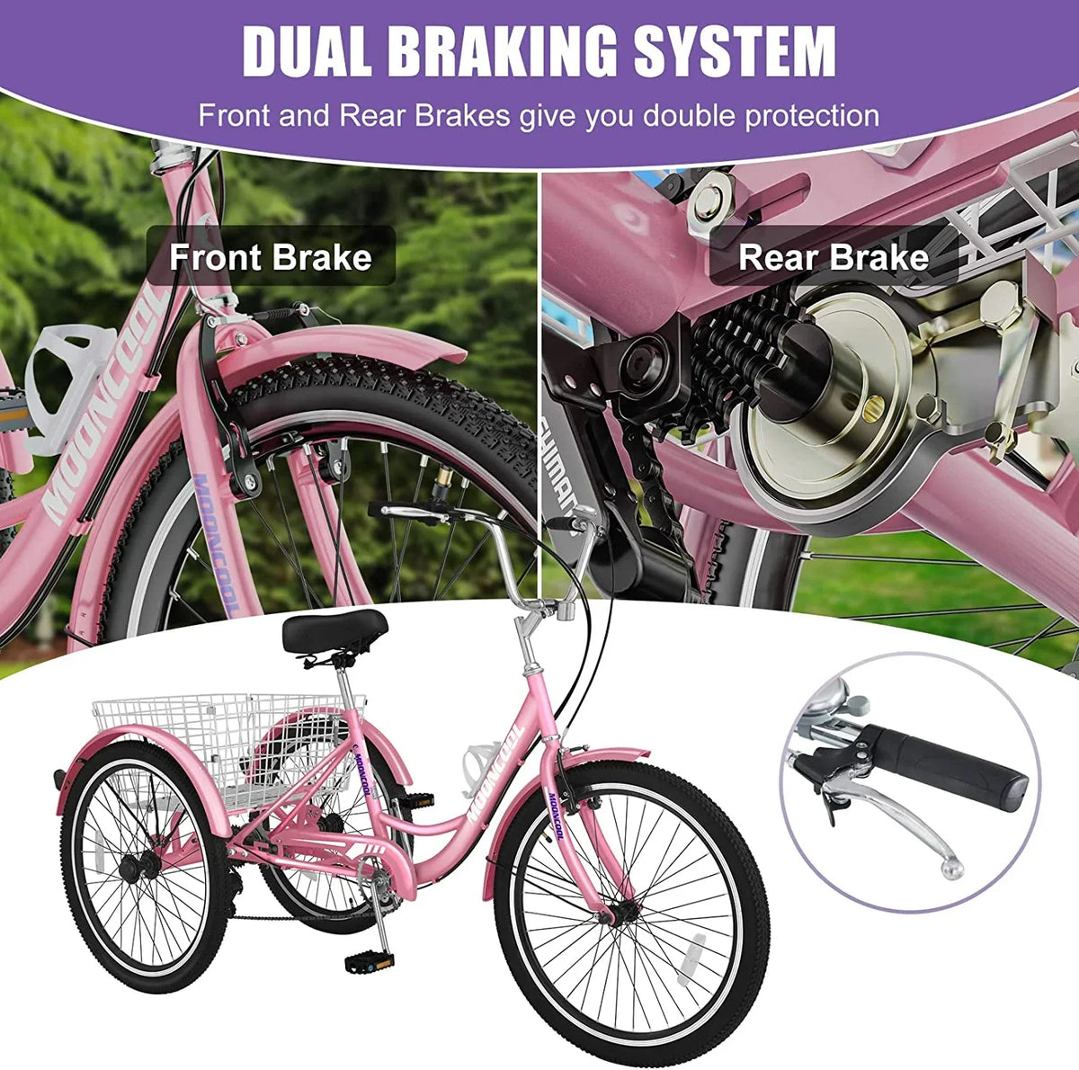 MOONCOOL Adult Tricycles with Rear Basket & Inflator, 24 26 inch 7 Speed 3 Wheel Bikes, Three-Wheeled Bicycles Adult Trike with Backrest for Seniors, Women, Men