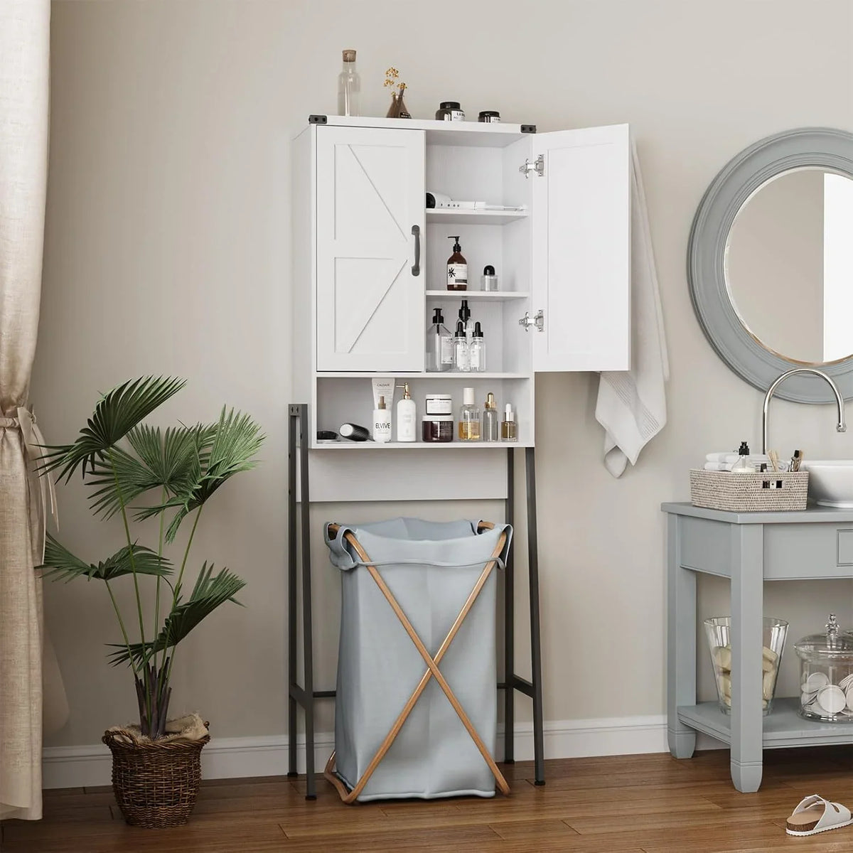 Vabches Over The Toilet Storage Cabinet, 68" H Farmhouse Freestanding Bathroom Storage Organizer with Double Doors & Storage Shelves